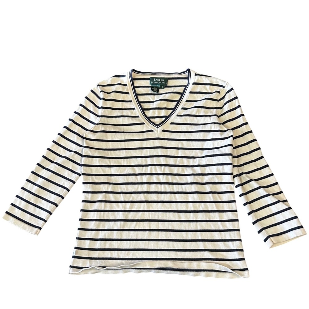 Lauren Ralph Lauren Striped V-Neck Sweater Navy White 3/4 Sleeve Small